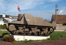 Sexton self-propelled gun memorial at Ver-sur-Mer, Gold Beach in the Normandy, France.