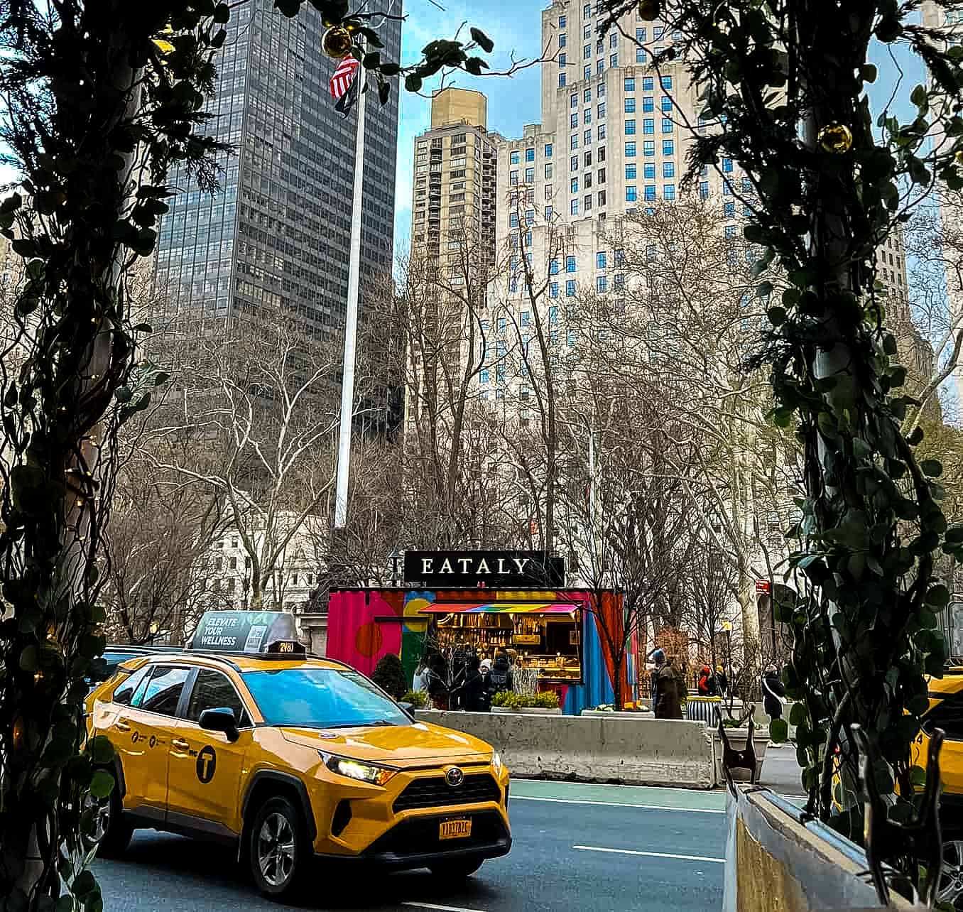 New York City in Winter - A Guide to Visiting New York City in Winter Stand in front of the Eataly market hall with various bars and restaurants in New York City, USA.