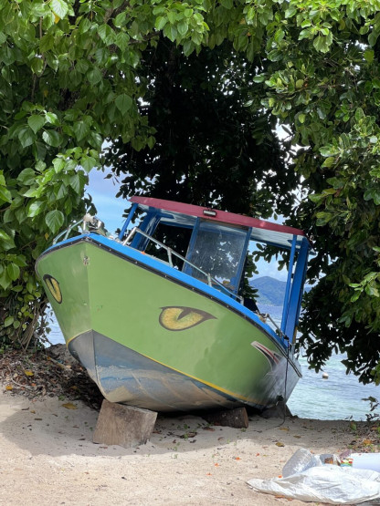Painted colored boat. Boat love in the Seychelles.