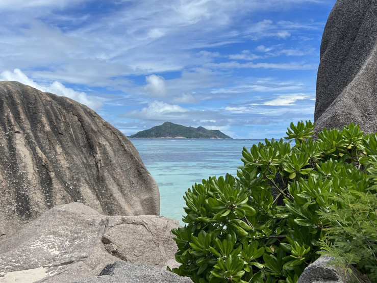 View of the neighboring island of Praslin, Seychelles.